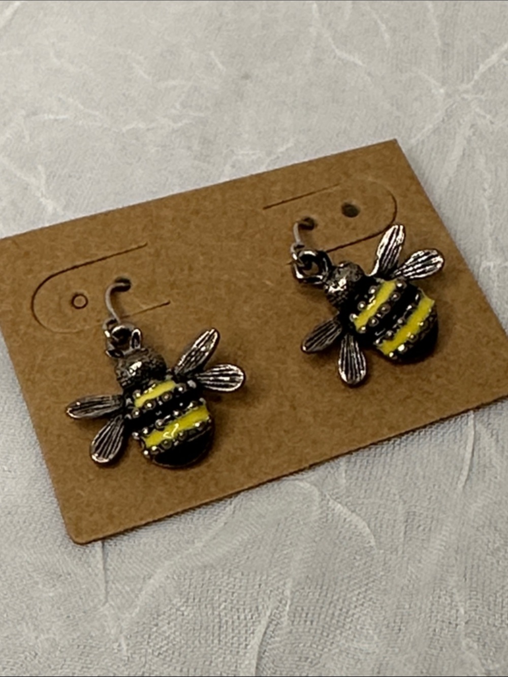 Bee Charm Dangle Earrings - Yellow and Silver Tone